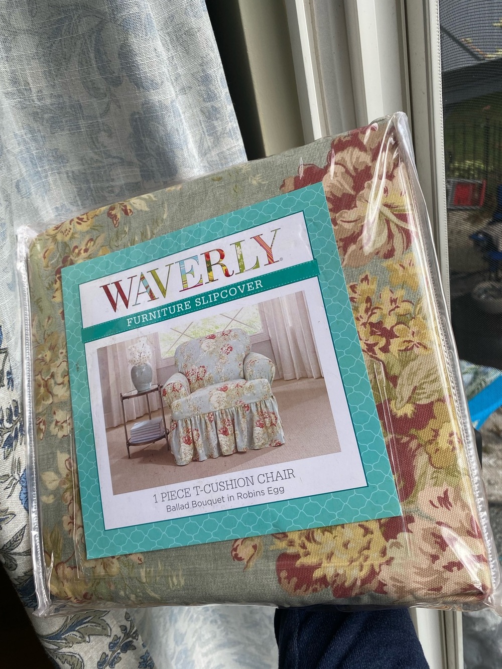 Waverly Ballad Bouquet Robin’s Egg T-Cushion Chair Slipcover Floral NIP